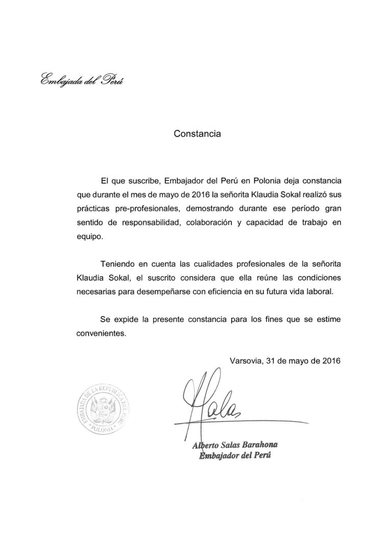 Certificado de prácticas Embajada del Perú